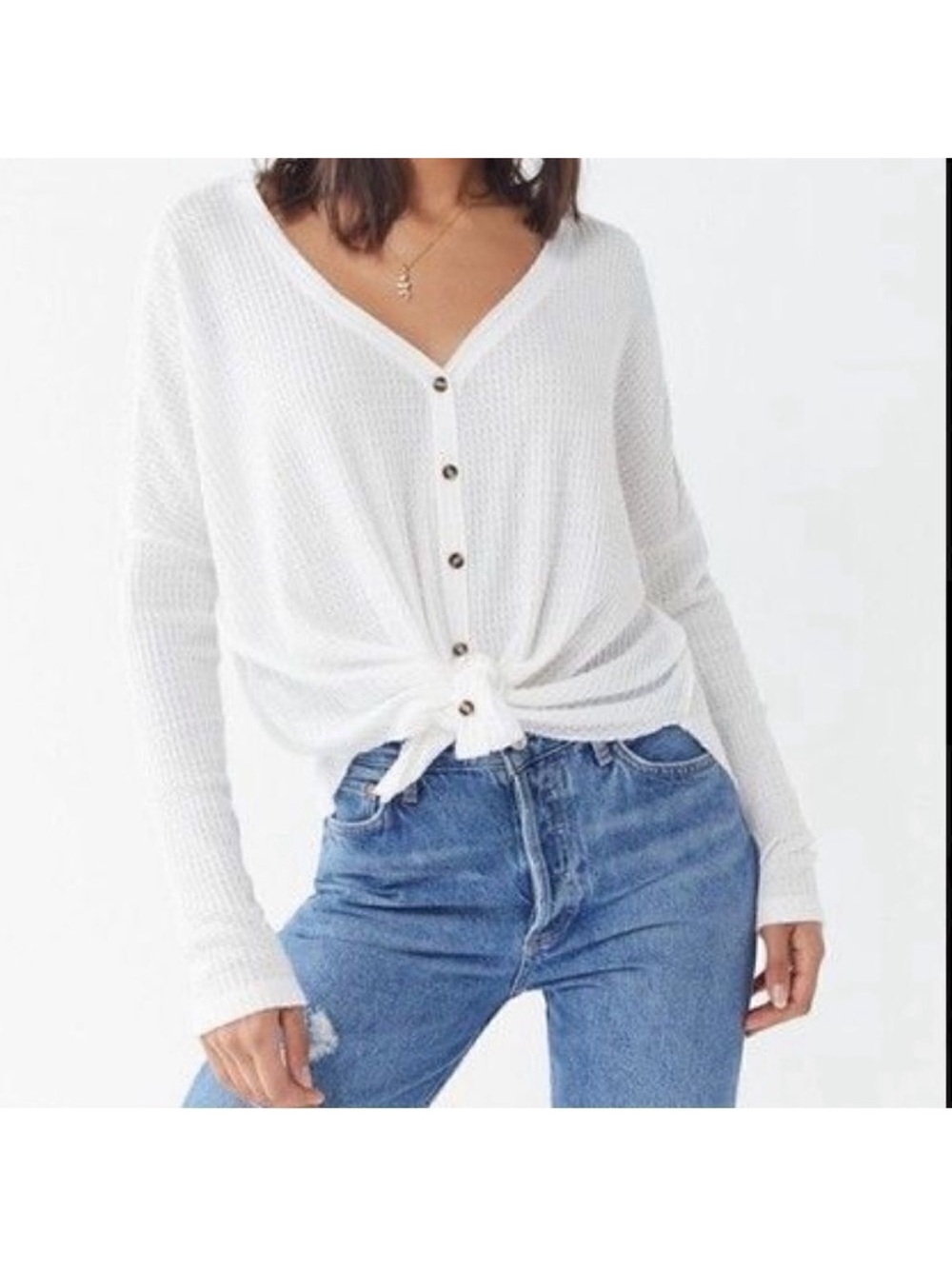 Urban Outfitters white waffle henley button up long sleeve cardigan Size S